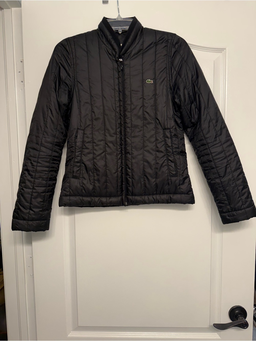 Lacoste Women’s 36 (US 4) Small Black Quilted Jacket Crocodile Logo Jersey Lined